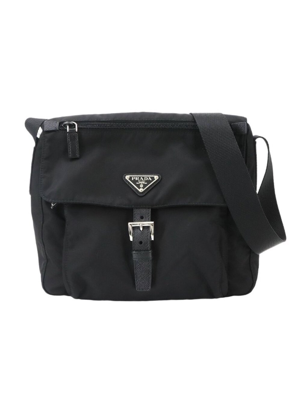 Prada Shoulder Bag Nylon Saffiano Leather Nero Silver Black